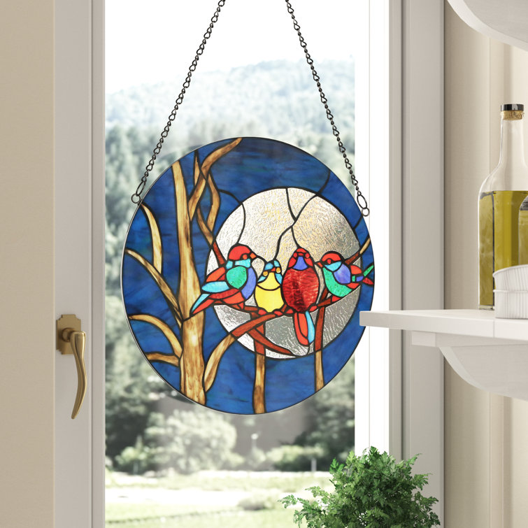 Charlton Home® Birds in the Night Sky Round Stained Glass Window Panel